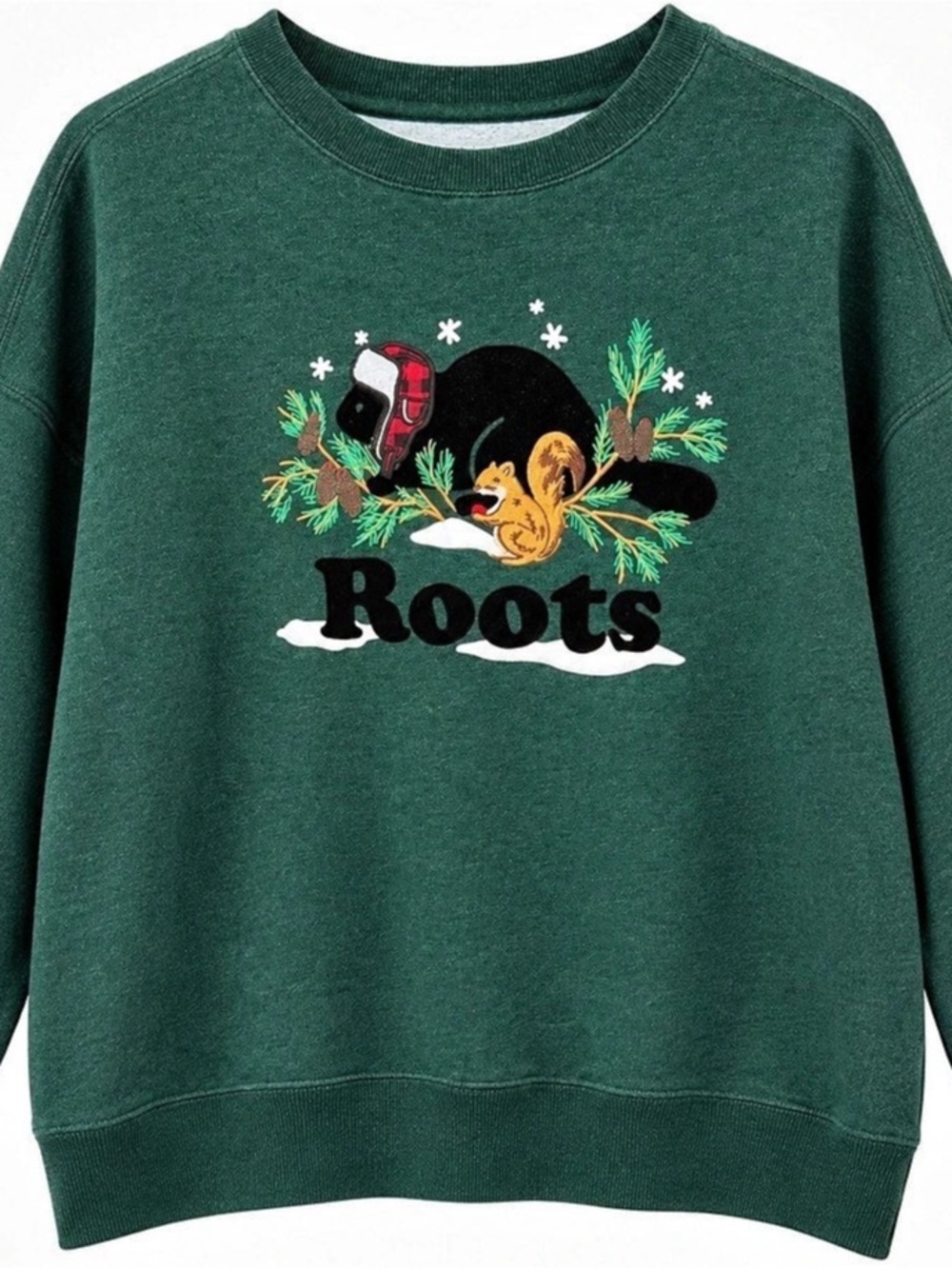 Roots Canada Beaver Squirrel Embroidered Crewneck Sweatshirt Green L/G LIKE NEW